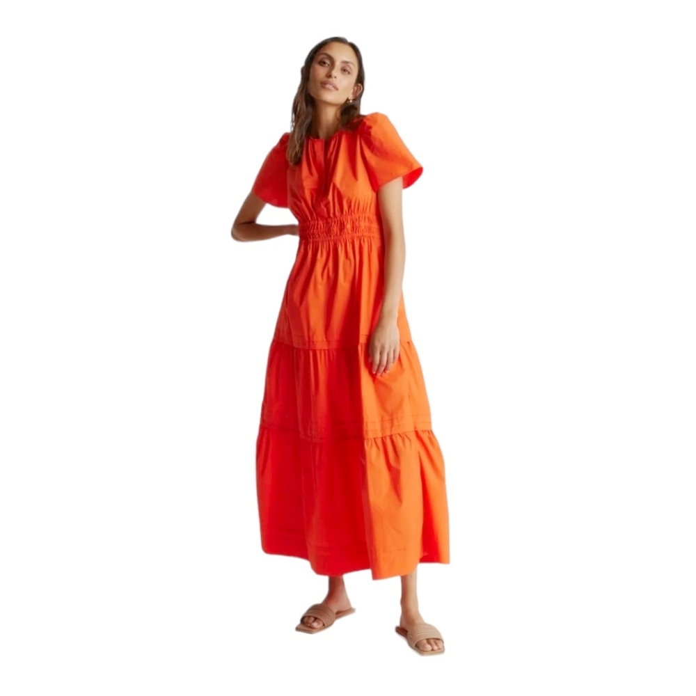 Quince NWT Tiered Organic Cotton Poplin Tiered Maxi Dress In Vermilion s…